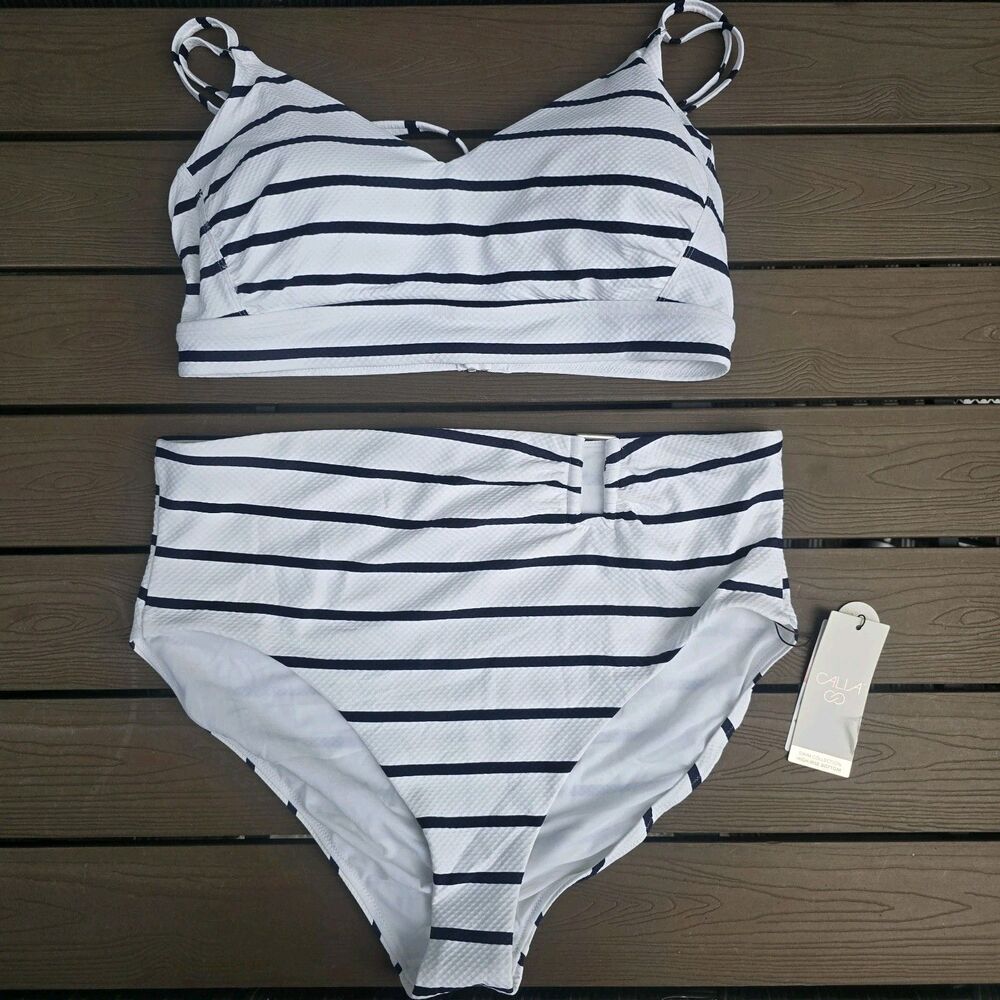 CALIA Women's Mesh Striped Strappy Back Top XL & Asymmetrical Bikini XXL New